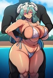 ai_assisted ai_generated bikini bleach bleach:_the_thousand-year_blood_war breast_grab breasts dark-skinned_male duo female grabbing_another's_breast grabbing_breasts green_hair male nelliel_tu_odelschwanck scar seasonedcum swimsuit swimwear water
