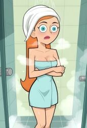 ai_assisted ai_generated bathing bathroom blue_eyes breasts cleavage danny_phantom dirtmaster female female_only jazz_fenton looking_at_viewer nickelodeon nicktoons red_hair shower solo towel towel_on_head wet_body