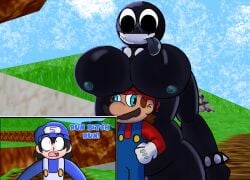 1girls 2boys 3d_background behind_another big_eyes black-haired_male black_body black_eyes black_hair black_tongue blender blue_eyes blue_hat blue_nipples blue_shirt bracelet breasts brown-haired_male brown_hair chain_chomp chain_chomp_girl chained_neck chained_wrists dialogue english_dialogue english_text female gigi_(thecoatl034) gloves hat large_breasts looking_at_partner looking_down looking_up male mario multiple_boys nandoelmejor10 nipples open_mouth overalls profanity question_mark red_hat red_shirt sharp_teeth shocked shocked_expression smg4 smg4_(character) spiked_bracelet super_mario_64 super_mario_bros. surprised surprised_expression text thighs tongue tongue_out white_gloves youtube