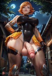 ai_generated big_breasts futa_sans_pussy futanari igawa_sakura intersex low-angle_view moon naikedart night precum smirk solo stable_diffusion taimanin_(series) thick_thighs