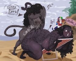 absurd_res ambiguous_penetration anthro areola ass beach big_butt biped bite black_hair breasts butt_slap detailed_background dialogue dreamy_pride eyelashes felid female female_penetrated genitals grey_body group gynomorph gynomorph/female gynomorph_penetrating hair hi_res huge_butt intersex intersex/female intersex_penetrating larger_female mammal markings nipples nude outside pantherine penetration penile penile_penetration priscilla_(dreamy_pride) pupils sex size_difference slap smaller_gynomorph smaller_intersex spots spotted_body tail tail_bite tail_in_mouth text thick_thighs trio vulva