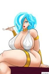 big_breasts blue_eyes blue_hair bracelets lowtag milf pipe red_lipstick thick_hips thick_thighs venus_body wide_hips