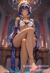 ai_generated anime average_breasts averting_eyes barefoot blue_eyes breasts candace_(genshin_impact) candlelight cleavage dark_skin female from_below genshin_impact gold_collar gyaru half_closed_eyes illustration large_breasts legs_crossed lewdrune light_blue_hair long_hair looking_at_viewer medium_breasts point_of_view pov reluctant sitting_on_desk skirt_lift slight_blush solo standing sweat tanned_skin wading