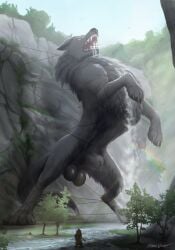 2026 absurd_res animal_genitalia balls bound canid canine canis claws dark_violet day digital_drawing_(artwork) digital_media_(artwork) duo feet feral feral_focus fully_sheathed fur genitals hi_res human looking_at_viewer male mammal nature open_mouth outside rainbow sheath solo_focus standing tail teeth toes tongue water wolf