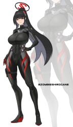 bangs black_hair blue_archive bodysuit breasts child_bearing_hips female halo hand_on_hip hips huge_boobs huge_breasts large_boobs large_breasts long_hair looking_at_viewer mommy plugsuit ponytail red_eyes rio_(armed)_(blue_archive) rio_(blue_archive) standing thick_hips thick_thighs thighs tight_bodysuit tight_clothing zombieshirogane