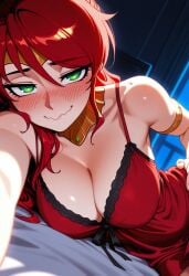 1girls ai_generated armlet blush circlet embarrassed embarrassed_female gorget green_eyes high_ponytail lingerie long_hair looking_at_viewer negligee ponytail pyrrha_nikos red_hair rwby selfie selfie_pose shiny_hair shiny_skin sidelocks smile solo solo_female tagme wavy_mouth