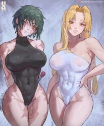 2girls big_breasts blonde_hair breasts curvy_female green_hair hips_wider_than_shoulders howxen jujutsu_kaisen scars_all_over sexy_body skimpy_clothes thick_thighs yuki_tsukumo zenin_maki