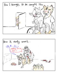 1boy 2girls anthro canine caught clothing comic cum english_text female fur humor male mammal occidentalis okami_wolf penis roleplay straight text