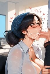 1boy ai_generated balls big_balls big_breasts big_cock big_penis black_framed_eyewear black_glasses black_hair black_hair_female blowjob blue_headwear breasts cleavage clothed clothed_female clothing cock cum cum_in_mouth ear_piercing earrings eyewear female glasses hair_bun headband headwear huge_breasts long_hair necklace oral oral_creampie oral_penetration oral_sex partially_clothed_male patreon patreon_username penis white_shirt