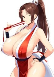big_breasts breasts brown_hair cleavage fatal_fury huge_breasts japanese king_of_fighters kunoichi mai_shiranui massive_breasts ponytail reyomi9 sexy sexy_pose snk thick_thighs thighs wide_hips wink winking_at_viewer