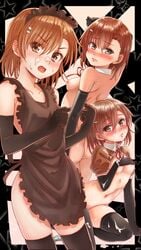 1girls apron arm_support black_legwear black_socks blush breasts brown_eyes brown_hair covering covering_breasts cum cum_on_body cum_on_clothes cum_on_lower_body cumdrip elbow_gloves facial female gloves hair_ornament hairclip highres isshi_pyuma looking_at_viewer misaka_mikoto naked_apron nipples nude panties short_hair socks solo striped striped_panties teenage_girl teenager thigh_socks thighhighs to_aru_kagaku_no_railgun to_aru_majutsu_no_index underwear young