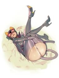 1girls anus ass batman_(series) bodysuit catwoman dc dc_comics female female_only goggles green_eyes heels hi_res holding_own_leg holding_own_legs_up legs_up looking_at_viewer lying lying_on_back no_panties norasuko pussy selina_kyle solo tail thick_thighs torn_bodysuit