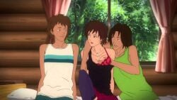 2boys anime bed bedroom before_sex breast_grab brown_eyes brown_hair canonical_scene erika_(gyo) female group gyo_tokyo_fish_attack hi_res inminent_sex screencap short_hair threesome