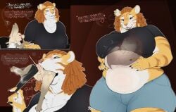 absurd_res anthro belly big_belly bodily_fluids breasts canid canine clothed clothing cum duo erection felid female female_pred fennec_fox fox fur genital_fluids genitals hair hi_res internal jackie_(securipun) larger_female male male/female male_prey mammal nude oral_vore pantherine penis securipun size_difference smaller_male smile text tiger tongue true_fox tylann_vanderbilt_(tallordeer) vore