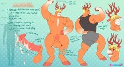 animal_genitalia animal_penis anthro antlers balls big_balls big_flare big_muscles big_penis black_clothing black_hoodie black_topwear blonde_armpit_hair blonde_hair blue_background blush bodily_fluids bottomwear brown_body brown_fur bulge bulge_from_behind cel_shading cervine clenched_teeth clothing cornel_(allesok) deer directional_arrow english_text equine_genitalia equine_penis eroskun excessive_genital_fluids excessive_precum flared_penis front_view fur genital_fluids genitals gesture grey_bottomwear grey_clothing grey_shorts hair hi_res hoodie hooves horn huge_balls huge_cock male mammal measurements medial_ring model_sheet mugshot muscular muscular_male nipples nude nude_male penis pink_penis precum rear_view red_deer red_penis shaded sheath short_tail shorts silhouette silhouette_background simple_background sleeveless_hoodie smile smiling_at_viewer solo tail teeth text topwear waving waving_at_viewer