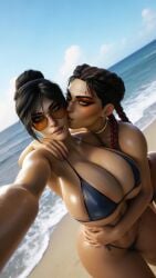 2girls 2women 3d ai_generated apex_legends beach big_ass big_breasts black_bikini black_hair breasts chignon dark-skinned_female eyeshadow female grey_eyes kissing loba_(apex_legends) loba_andrade long_hair long_hair_female looking_over_eyewear looking_over_sunglasses micro_bikini ocean ravenomega renee_blasey sexy_body sexy_pose sexy_woman sunglasses tinted_eyewear two_females two_women voluptuous_body voluptuous_female water wet_body white_body white_skinned_female wraith_(apex_legends)