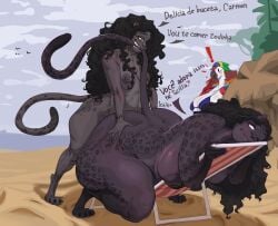 beach beach_background beach_chair biting_tail black_hair brazilian brazilian_female curly_hair dreamy_pride furry furry_only futanari grey_body grey_fur long_hair pantherine pantherine_humanoid priscilla_(dreamy_pride) public public_sex small_breasts spanish_dialogue spanish_text tail tails