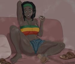 1girls 2026 arm arm_up armpit armpit_fetish armpit_sweat armpits black_hair blue_eyes booty_shorts bra dark-skinned_female dark_hair dark_skin denim denim_shorts dreadlocks feet feet_fetish female female_only foot_fetish headband jean_shorts kaya_(pancitohalf) legs looking_at_viewer musk musk_clouds musk_fetish musky_armpit musky_feet on_couch painted_nails painted_toenails pancitohalf pillow pink_nail_polish pink_nails pink_toenail_polish pink_toenails sandals sandals_removed shorts sitting sitting_on_couch smoke smoking smoking_cigarette soles soles_female sweat sweating sweaty sweaty_armpit sweaty_armpits sweaty_body sweaty_feet thick_thighs thighs toenail_polish toenails toenails_polish tricolor