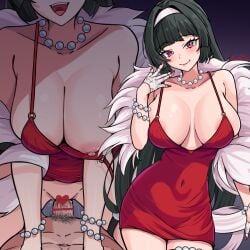 1boy absurdres areola_slip astra_yao bar_censor bead_bracelet bead_necklace beads black_hair bracelet breasts censored cleavage closed_mouth collarbone coubalty cowgirl_position dress female gloves hairband highres jewelry large_breasts long_hair looking_at_viewer multiple_views necklace nipples one_breast_out penis red_dress red_eyes sex straddling straight white_gloves white_hairband zenless_zone_zero