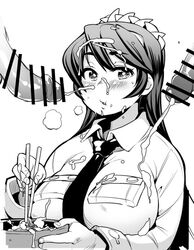 bento black_hair blush breasts censored collared_shirt cum cum_on_breasts cum_on_food eating facial filia_(skullgirls) food fukumaaya large_breasts long_hair monochrome necktie samson_(skullgirls) school_uniform skullgirls tagme teeth tie