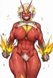 1girls 2d abs ai_generated areola areolae big_breasts big_thighs blaziken blonde_hair blonde_pubic_hair braid breasts clenched_hands colored_skin cyreneceo excessive_pubic_hair female_pubic_hair gijinka grin hair_between_eyes hairy_pussy horns huge_breasts humanization humanized humanized_pokemon large_breasts large_thighs looking_at_viewer multicolored_hair muscles muscular muscular_female navel nipples pokemon pubic_hair red_skin rhea_(cyreneceo) scar scar_on_leg scars scars_all_over sharp_teeth short_hair simple_background smile solo streaked_hair teeth thick_thighs thighs torn_clothes twin_braids two-tone_hair white_background white_hair wide_hips yellow_eyes