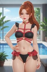 1girls ai_generated bikini_strings blurry_background bow_accessory choker_bikini earrings fancy_clothing female frill_trim frilled_bra frills ginger_hair hair_ornament hand_on_hip indoor_pool lipstick ocean_background one_hand_on_hip poolside potted_plant red_straps rgomez007 slender_body small_breasts solo_female stable_diffusion standing strappy_bra straps thigh_gap