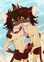 2boys arno brothers celio clothing eyewear feline goggles hardblush incest mammal multiple_boys penis peritian piercing shorts siamese sibling smile swim swimming twins yaoi