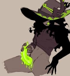 darkheart_(phighting) green_penis hat horns masturbation phighting precum precum_drip pussy_lips ribbed_penis shadowed_eyes solo_focus tapered_cock tentacle_penis vagina