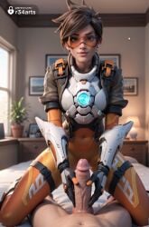 1boy 1boy1girl 1girls ai_generated artist_name bed blizzard_entertainment bodysuit bomber_jacket brown_eyes brown_hair chest_harness clothed_female_nude_male erection female gloves goggles handjob harness hi_res indoors jacket lips looking_at_viewer navel nose nude on_bed orange_bodysuit orange_goggles overwatch overwatch_2 penis plant pov pov_crotch r34arts short_hair sleeves_rolled_up smile solo_focus spiked_hair straight swept_bangs tracer tracer_(overwatch_2_suit) two-handed_handjob uncensored vambraces