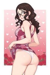 1girls ai_generated ass brown_eyes brown_hair bubble_ass bubble_butt butt_focus cute_face dress dress_lift dress_lifted_by_self female female_focus flowers fluffy_hair geek glasses heart innocent kyokalovesxo lifting_skirt light-skinned_female makeup mole mole_under_eye moles nerdy_female pale-skinned_female pale_skin panties petite petite_body pink_background pink_dress pretty_face red_background round_ass seductive skinny_female soft_breasts soft_skin sundress underwear valentine's_day white_panties young_female younger_female youthful_features