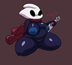 accidental_circumstance accidental_exposure big_breasts big_butt big_nipples big_thighs blue_nipples clovedex_(artist) hollow_knight hollow_knight:_silksong hollow_knight_(franchise) hornet_(hollow_knight) looking_at_viewer nipples relaxing sitting sitting_on_floor solo sword wind_lift
