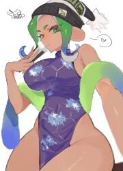 bare_shoulders beanie big_breasts breasts covered_navel female green_eyes green_hair kimono long_hair looking_at_viewer mev_(mevlingo) nintendo octoling okura_katu short_hair simple_background splatoon_(series) splatoon_3 tentacle_hair thick_thighs thighs two_tone_hair white_background