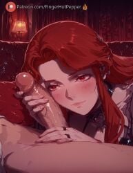1boy ai_generated blush castlevania clothed_female_nude_male erection female fingerhotpepper jewelry lenore_(castlevania) lips long_hair looking_at_viewer patreon_username penis pov precum red_eyes red_hair smile solo_focus straight uncensored veins