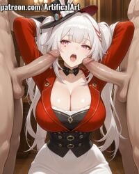 1girls 2boys 2boys1girl ai_generated balls big_breasts big_penis black_gloves black_hat blush choker female gloves group_sex hands_behind_head hat heart_facial_mark honkai:_star_rail honkai_(series) hoyoverse light-skinned_female light_skin long_hair mihoyo mini_hat mini_top_hat mmf_threesome muscular_male nude_male open_mouth penis penis_in_front_of_face perfect_body pink_eyes sparxie_(honkai:_star_rail) streaked_hair top_hat twintails uncensored very_long_hair watermark white_hair