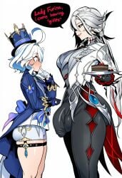 1futa 2d 2girls ahoge ai_generated arlecchino_(genshin_impact) ass balls big_ass big_balls big_breasts big_butt big_cock big_penis big_testicles bigger_futa black_eyes black_gloves black_pants black_shorts blue_eyes blue_hair blush breasts bulge bulge_through_clothing bulge_under_clothes cake cake_slice cock covered_penis covered_testicles cyreneceo english_text erection erection_under_clothes female flat_chest flat_chested food furina_(genshin_impact) futa/female futa_with_female futanari genshin_impact gloves hair_between_eyes hat height_difference holding holding_plate huge_balls huge_cock huge_testicles imminent_sex jacket large_ass large_balls large_breasts large_butt large_cock large_penis large_testicles large_thighs larger_futa long_hair long_sleeves looking_at_another massive_balls massive_testicles multicolored_hair multiple_girls pants penis penis_awe penis_bulge plate short_female short_shorts shorts simple_background size_difference smaller_female smile speech_bubble standing streaked_hair taller_futa testicles thick_ass thick_butt thick_cock thick_penis thick_thighs thigh_strap thighs top_hat white_background white_gloves white_hair white_shorts