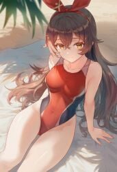 2d 2d_(artwork) amber_(genshin_impact) beach brown_hair female female_focus female_only front_view genshin_impact high_resolution highres light-skinned_female light_skin long_hair looking_at_viewer one-piece_swimsuit outdoors palm_tree red_eyes red_ribbon red_swimsuit ribbon ribbon_bondage sand serain384 sitting slim_girl smiling smiling_at_viewer solo solo_female solo_focus swimsuit young younger_female