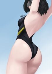 1girls arknights:_endfield black_hair black_swimsuit female female_endministrator_(arknights) mask masked masked_female simple_background swimsuit white_skin zarkua_exe