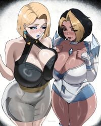 2girls 4:5 alternate_version_available big_breasts black_hair blonde_hair blue_eyes breasts cleavage cosplay costume_switch crossover dark-skinned_female dark_skin domina domina_(overwatch)_(cosplay) emma_frost emma_frost_(cosplay) emma_frost_(marvel_rivals) female female_focus female_only huge_breasts large_breasts light-skinned_female light_skin marvel marvel_rivals multicolored_hair multiple_girls omniartstudio outfit_swap overwatch overwatch_2 short_hair thick_thighs thighs vaira_singhania wide_hips x-men
