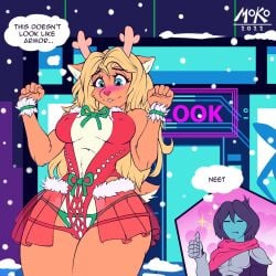 2022 2025 2d anthro comic deltarune deltarune_chapter_2 dialogue dialogue_bubble english_text female female_focus furry human kris_(deltarune) male moko_(artist) newgrounds_link noelle_holiday old_art suggestive_look undertale_(series) watermark