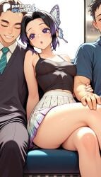 1girls 2026 2boys ai_assisted ai_generated anime artist_name black_hair butterfly_hair_ornament closed_eyes demon_slayer explicit gradient_hair hair_ornament hi_res high_quality high_resolution highres kimetsu_no_yaiba kochou_shinobu multicolored_hair necktie pants patreon patreon_username purple_eyes purple_hair shinobu_kocho shirt skypassion stable_diffusion watermark