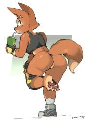 anthro ass biped bottomwear breasts canid canine clothed clothing diane_foxington dreamworks drinking eyelashes female fox fur genitals hi_res looking_back mammal orange_body pupils solo the_bad_guys thick_thighs topwear vulva zinnick