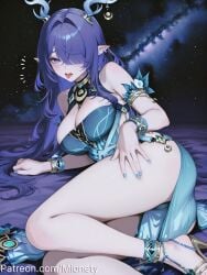 ai_generated alternate_costume anklet armlet artist_name ass bare_legs bare_shoulders blue_dress blue_eyes blue_hair blue_nails blush bracelet breasts cleavage dress earrings eyes_visible_through_hair feet female fingernails flying_sweatdrops foot_out_of_frame genshin_impact hair_between_eyes hair_intakes hair_ornament hair_over_one_eye high_heels horns jewelry large_breasts lauma_(genshin_impact) legs long_hair looking_at_viewer lying mionety multicolored_hair nail_polish night night_sky oerba_yun_fang on_side open_mouth original patreon_username pointy_ears purple_eyes purple_hair sandals sidelocks sky sleeveless sleeveless_dress smile solo star(sky) starry_sky thighs toenail_polish toenails toes tongue tongue_out very_long_hair