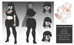 aeolus06 back_view black_clothing black_hair black_lipstick calamity_(marisfaraway) character_name character_profile character_sheet clothed collar expressions fishnets front_and_back front_view futa_focus futanari huge_breasts information large_breasts leather_jacket leather_pants original_character pale-skinned_futa penis reference_sheet solo_futa