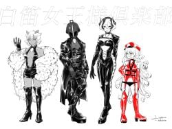 1boy 3girls alternate_costume bdsm_gear bdsm_outfit bodysuit bondage bondrewd breasts_apart choker cleavage curly_hair doshole female fur_coat hair_between_eyes height_difference helmet leather leather_clothing leather_harness leather_hat leather_straps long_hair lyza_(made_in_abyss) made_in_abyss male mask masked_male medium_breasts monochrome ozen panties short_hair smile spot_color srajo tan-skinned_female tan_skin thigh_strap two-tone_hair