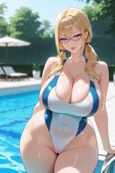 ai_generated arm_behind bangs belly_button_visible_through_clothing blonde_hair blurry_background cameltoe cleavage female glasses hair_between_eyes hair_over_shoulder hair_tie hand_on_surface hedge large_breasts lounge_chair milf monokini poolside potted_plant rgomez007 sagging_breasts solo_female sporty stable_diffusion swimming_pool swimming_pool_ladder swimsuit thick_lips thick_thighs twintails wide_hips