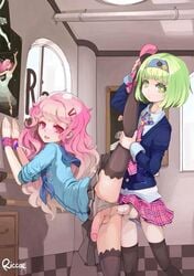 2boys anal anal_sex crossdressing femboy gay green_eyes green_hair hairband hairclip legs_apart looking_at_viewer male multiple_boys panties_aside pink_eyes pink_hair pink_tie skirt stockings thighhighs tie uncensored uniform union_jack wrist_band yaoi