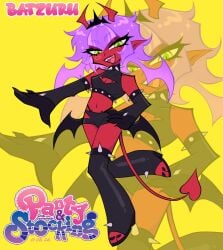 1girls 2026 artist_name artist_signature bare_shoulders batzuru black_nail_polish black_nails boob_window booty_shorts butt_wings demon demon_girl demon_horns demon_tail demon_wings fangs female female_focus female_only gloves green_eyes happy midriff oc opera_gloves original_character panty_&_stocking_with_garterbelt purple_hair red_body red_skin sharp_fingernails sharp_lines smile solo solo_female solo_focus thighs toony wings