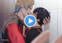 black_hair blue_eyes blue_lock blush blushing_male cute_expression cute_male european_male filming gradient_hair isagi_yoichi japanese_male male/male michael_kaiser mouth_open soccer_jersey tattoo unknown_artist