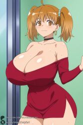 1female 1girls 2026 ahoge ai_generated artist_name bare_shoulders big_ass big_breasts black_choker blush breasts brown_eyes brown_hair choker cleavage covered_navel curvy dress earrings female hi_res high_quality high_resolution highres hoop_earrings huge_ass huge_breasts jewelry looking_at_viewer off_shoulder patreon patreon_username please_don't_bully_me,_nagatoro red_dress short_dress side_slit smile solo sweat thighs twintails unjobdespiert watermark web_address yoshi_(nagatoro)