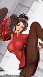 1girls 3d 3d_(artwork) artist_name brown_hair cyborg demi_(fortnite) epic_games female female_focus female_only fingerless_gloves fortnite greengrass headgear looking_at_viewer mechanical_arm mole_under_eye nail_polish red_eyes red_nail_polish red_nails see-through see-through_clothes see-through_clothing short_hair standing standing_split tied_hair vagina watermark